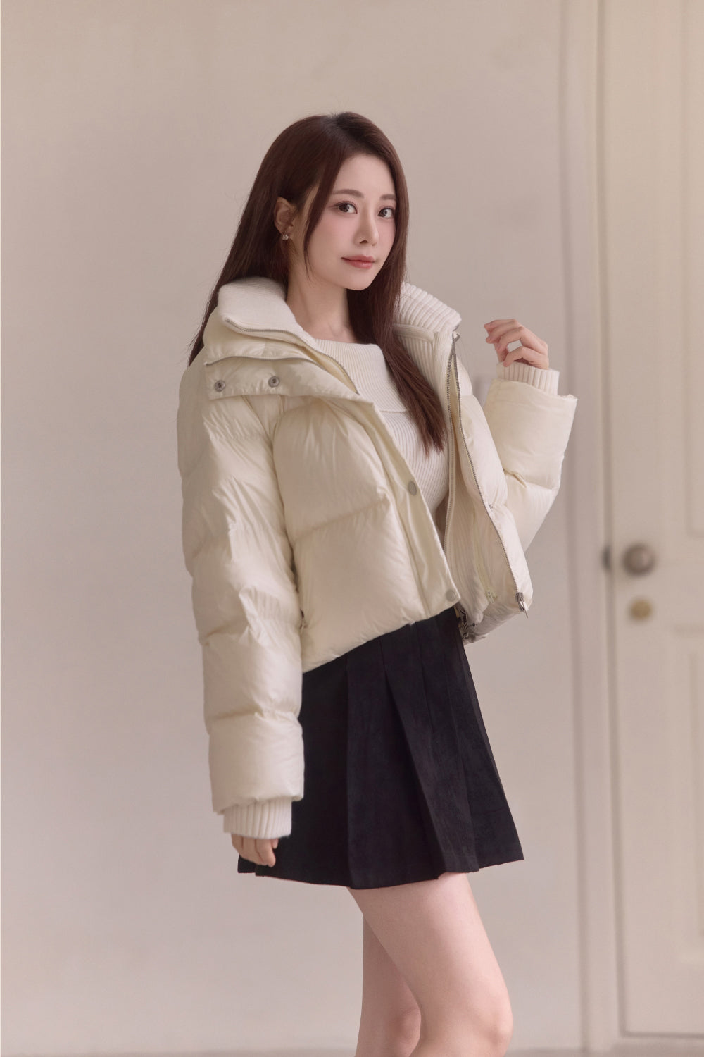 Detachable Knit Collar Short Puffer