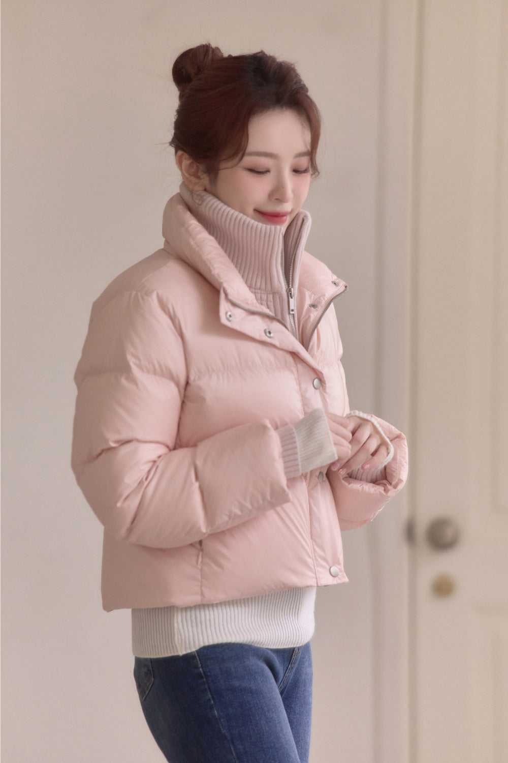 Detachable Knit Collar Short Puffer