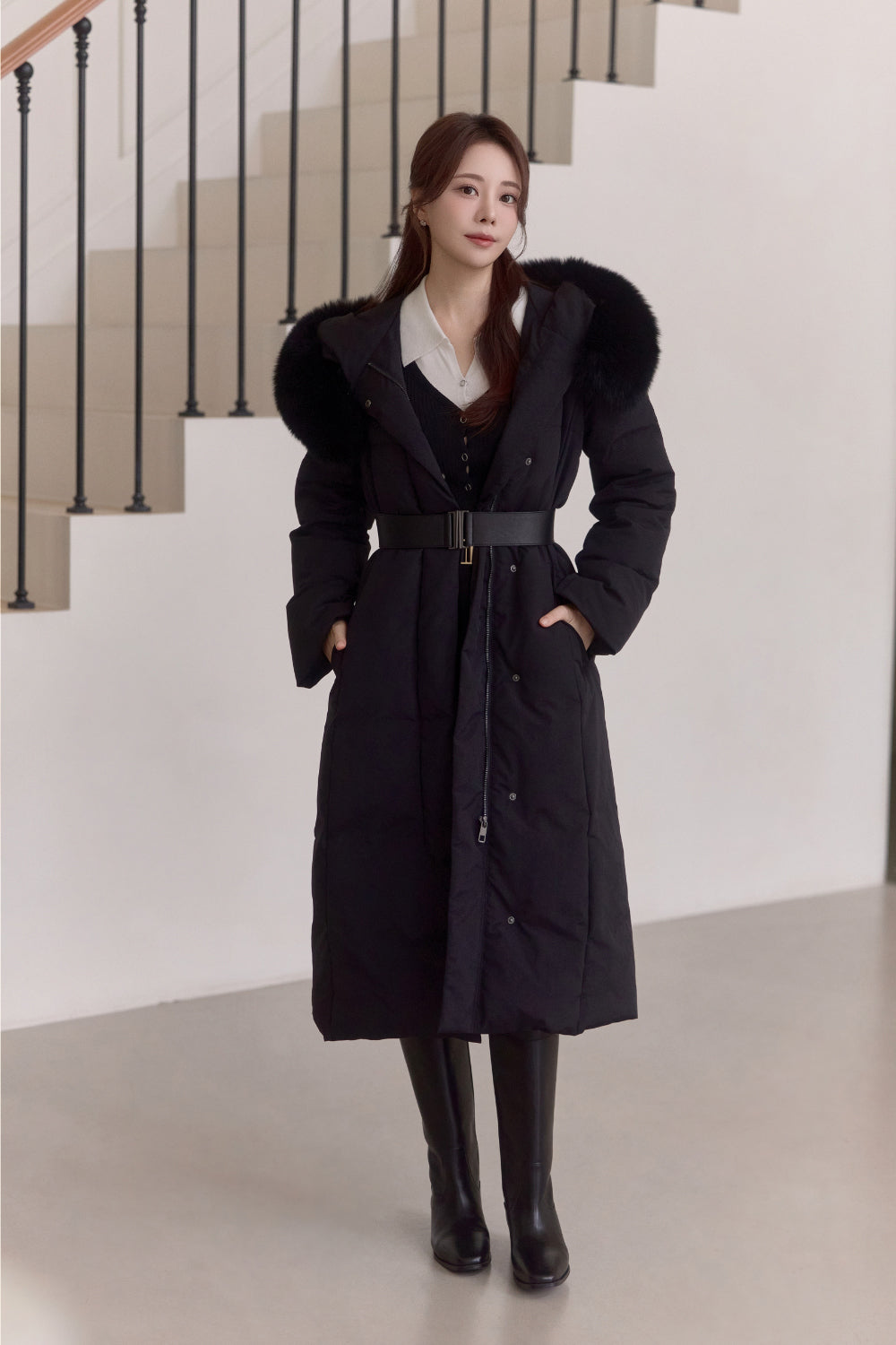 ★HACIE★ BELTED FOX FUR  DOWN LONG PARKA [IVORY][BLACK Fox fur Belted Long Duck Down – Loar US