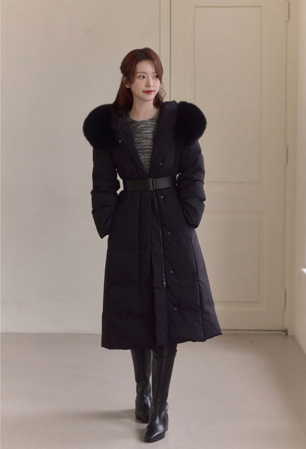 ★HACIE★ BELTED FOX FUR GOOSE DOWN LONG PARKA [IVORY][BLACK Fox fur Belted Long Duck Down – Loar US