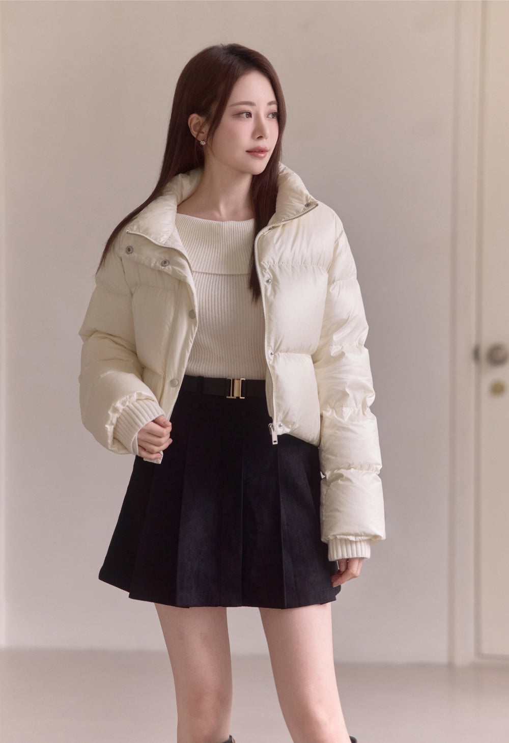 Detachable Knit Collar Short Puffer