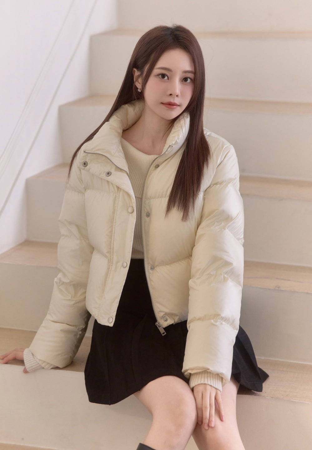 Detachable Knit Collar Short Puffer