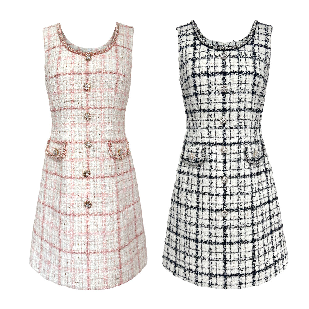 Premium Tweed Check-Pattern Dress